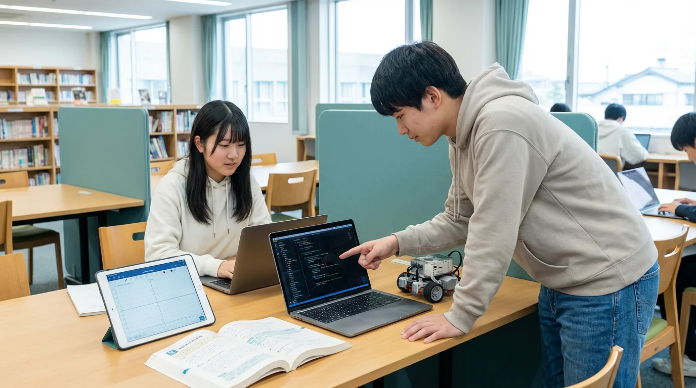 大学入試「情報Ⅰ」対応 — 高校生がSTEM教室でプログラミングと探究学習に取り組む様子